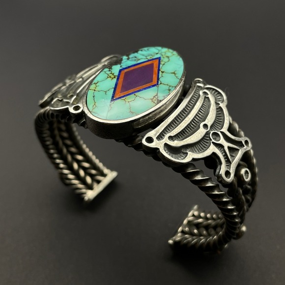 Vintage Navajo Ray Tracey & Knifewing Segura Sterling Silver Inlay Cuff Bracelet - Picture 9 of 16